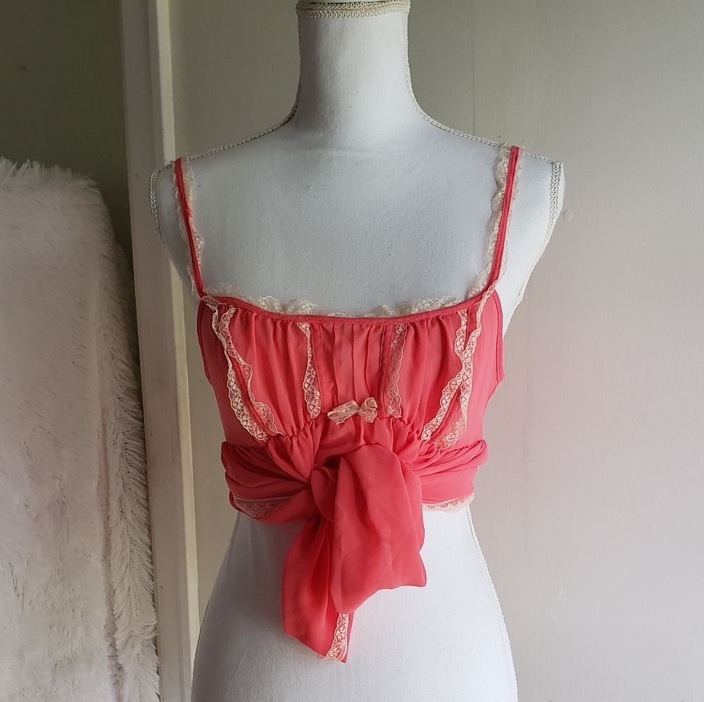 Victoria's secret chiffon coral dress with tan lace trim.